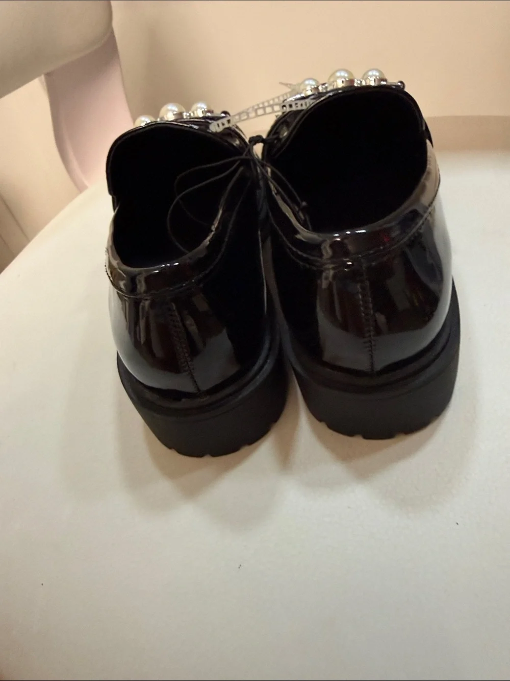 Marc Fisher Black Patent Loafers with Pearl Accent